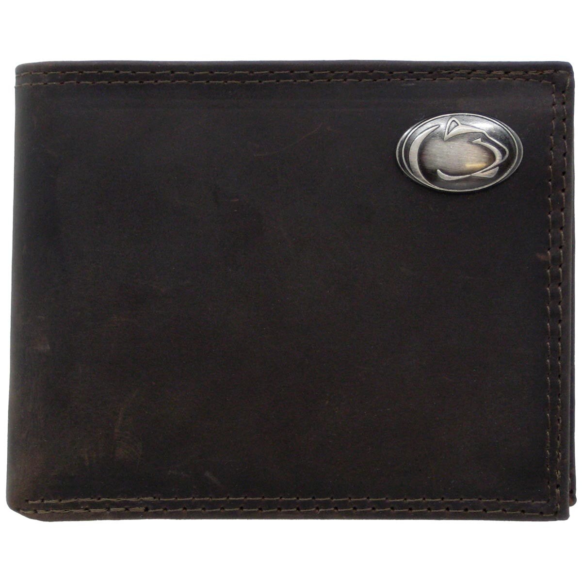 brown leather wallet with metal Penn State Athletic Logo
